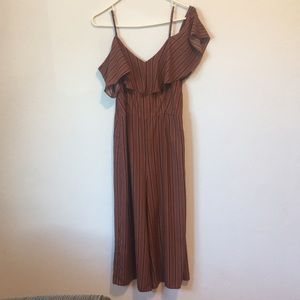 Off shoulder brown and navy striped jumpsuit